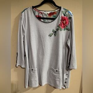 John Mark Black and White Striped Top with Red Floral Accent